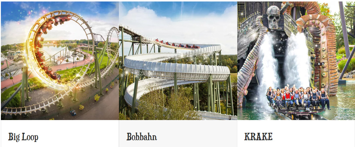 Zwei Achterbahnen und eine Wasserbahn im Heide Park