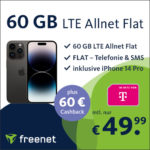 🚀 Apple iPhone 14 Pro für 34,99€ + 60€ Cashback + 60GB Telekom LTE Allnet für 49,99€ mtl. + 0,00€ AG (freenet Telekom)