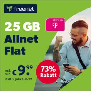 Letzte Chance! 🔥 25GB LTE Telekom Allnet für 9,99€/Monat + 0,00€ AG (25 Mbit/s | VoLTE | WiFi Calling | eSIM) - freenet Telekom green LTE