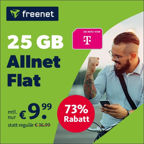 Thumbnail FETT! 🔥 25GB LTE Telekom Allnet für 9,99€/Monat + 0,00€ AG (25 Mbit/s | VoLTE | WiFi Calling | eSIM) - freenet Telekom green LTE
