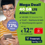 💥 40GB LTE Vodafone Allnet für 12,99€ mtl. + 0,00€ Anschlusspreis (100 Mbit/s | eSIM | freenet Vodafone green LTE)