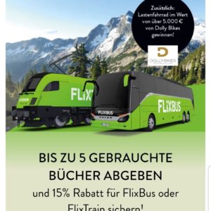15 % Flix-Rabatt für FlixBus oder FlixTrain je Buchspende bei Hugendubel vom 01.09. bis 31.10.2023