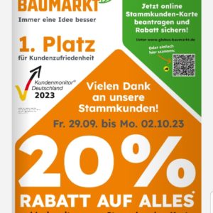 20% Rabatt auf Alles im Globus Baumarkt mit kostenloser Stammkunden-Karte vom 29.09. bis 02.10.2023