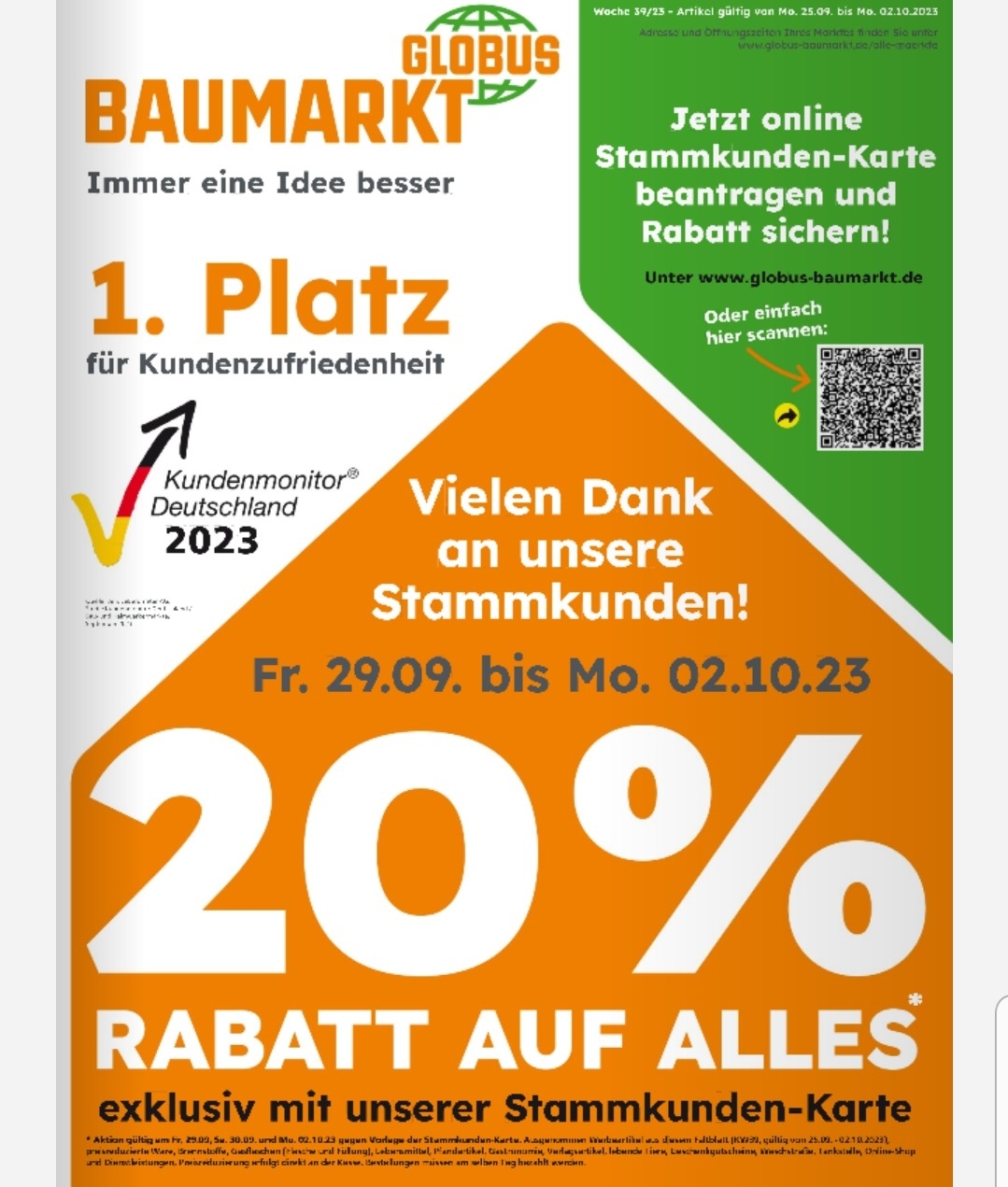 20% Rabatt auf Alles im Globus Baumarkt mit kostenloser Stammkunden-Karte vom 29.09. bis 02.10.2023