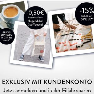Gratis Espresso in Hugendubel Cafés des Lesens, 50 Cent Rabatt auf Stoffbeutel &amp; 15% Rabatt auf Spiele bis 24.10.2023 in den Hugendubel Filialen