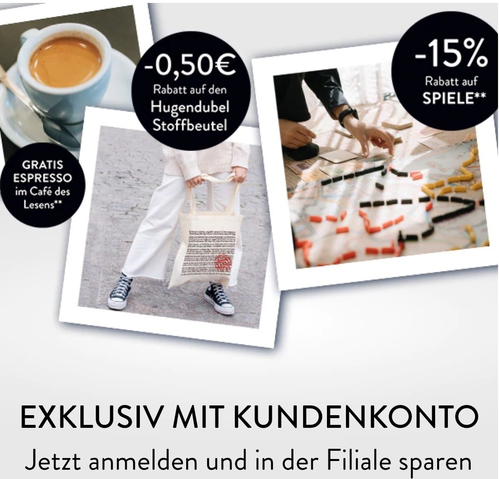 Gratis Espresso in Hugendubel Cafés des Lesens, 50 Cent Rabatt auf Stoffbeutel &amp; 15% Rabatt auf Spiele bis 24.10.2023 in den Hugendubel Filialen