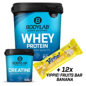 2kg Whey Protein + 500g Creatine von Bodylab24 + GRATIS: 12 Yippie Fruits Bars Banana Split Riegel gratis