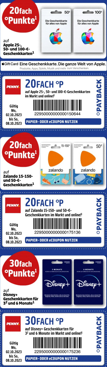 Penny] 20-fach Payback Punkte auf Apple Gift Cards Guthaben