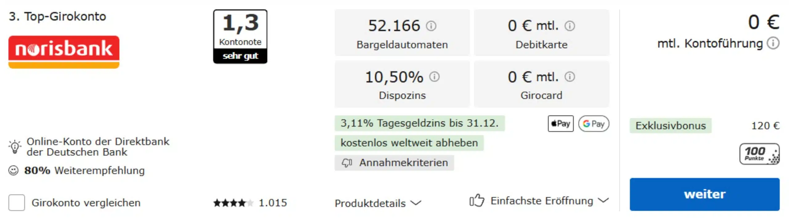 norisbank TOP-Girokonto Bedingungen bei Tarifcheck