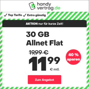 mtl. kündbare LTE Allnets 📱 8GB für 5,99€ | 18GB für 7,99€ | 30GB für 11,99€ | 47GB für 17,99€ ⏰ nur für kurze Zeit (handyvertrag.de im o2-Netz)