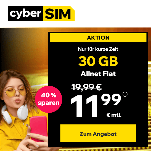 Thumbnail mtl. kündbare LTE Allnets 🔥 10GB für 6,99€ | 20GB für 9,99€ | 30GB für 11,99€ | 50GB für 19,99€ (Cybersim im o2-Netz)