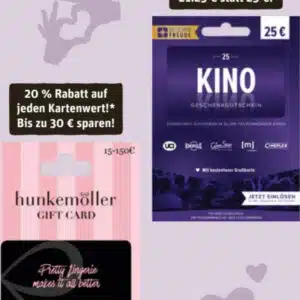 Rewe: 15% Rabatt auf Kinogutschein / 20% auf Hunkemöller Gutschein