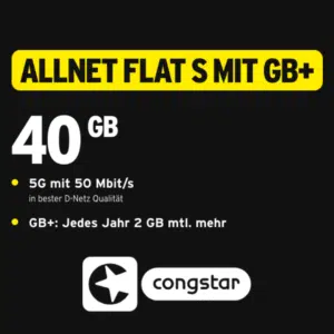 Thumbnail 📱 mtl. kündbare 40GB LTE Telekom Allnet für mtl. 17,10€ + 0€ AG + jedes Jahr 2GB mehr (congstar Allnet Flat S)