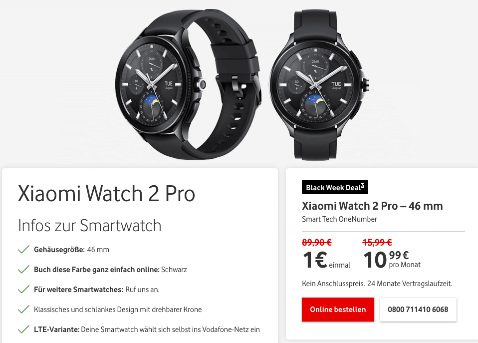 Für Vodafone-Kunden ⌚️ Xiaomi Watch 2 Pro LTE (46mm) für 1€ inkl