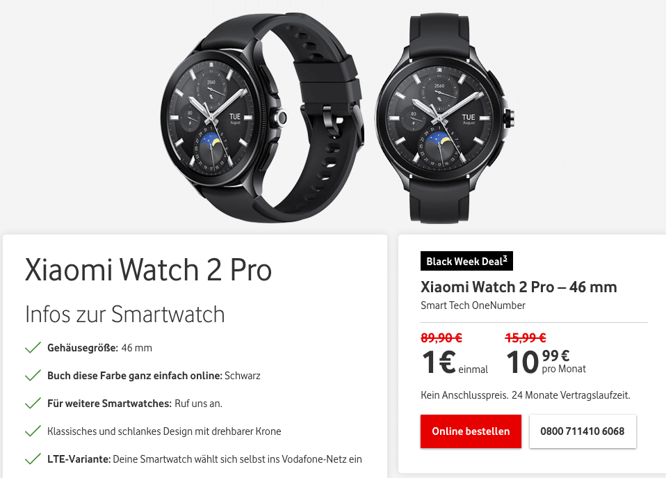 Für Vodafone-Kunden ⌚️ Xiaomi Watch 2 Pro LTE (46mm) für 1€ inkl. Tarif für  10,99€/Monat (Vodafone Smart Tech OneNumber)