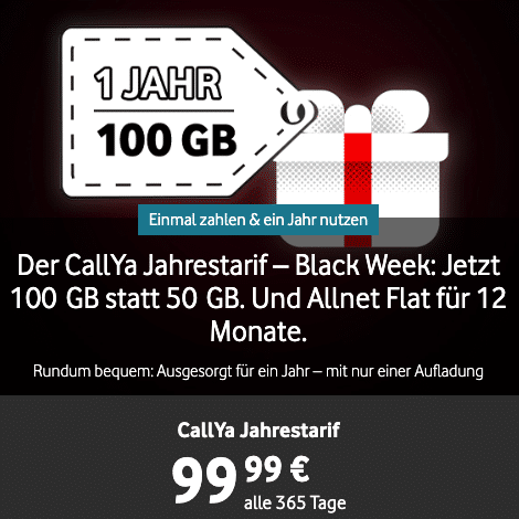 Thumbnail Direkt fürs ganze Jahr + 30€ Bonus 📱 100GB Allnet + 2400 Min. o. SMS ins EU-Netz für 99,99€ | 8,33€ mtl. (Vodafone CallYa Jahrestarif Prepaid)