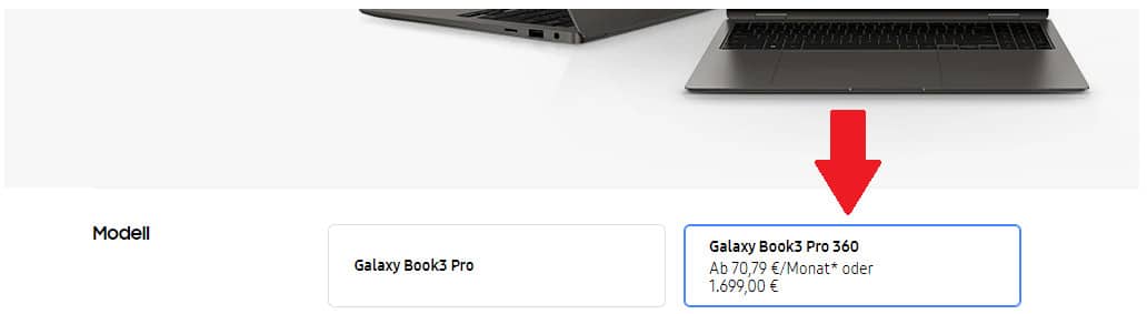 Galaxy Book3 Pro 360 Auswahl mit rotem Pfeil