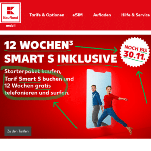 Prepaid: 12 Wochen gratis 🔥  Kaufland mobil Tarif Smart S – Wert 23,97 Euro -- Achtung Aktionszeitraum endet Do. 30.11.2023