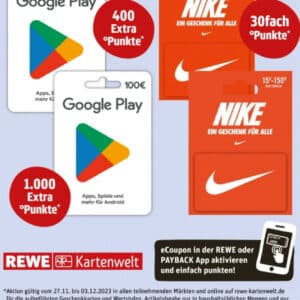 Rewe: Mehrfach Payback Punkte für Google Play &amp; Nike Geschenkkarten