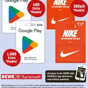 Rewe: Mehrfach Payback Punkte für Google Play & Nike Geschenkkarten