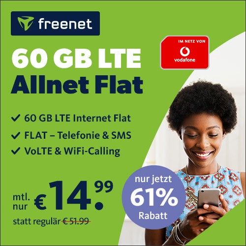 👊 60GB LTE (100 Mbit/s) Vodafone Allnet für 14,99€ mtl. + 19,99€ AG 🔴 VoLTE &amp; WiFi Call + eSIM (freenet Green LTE)