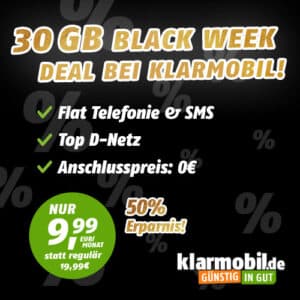 🔥 30GB / 40GB / 50GB LTE Allnet für 9,99€ / 14,99€ / 19,99€ (Vodafone-Netz / Klarmobil)