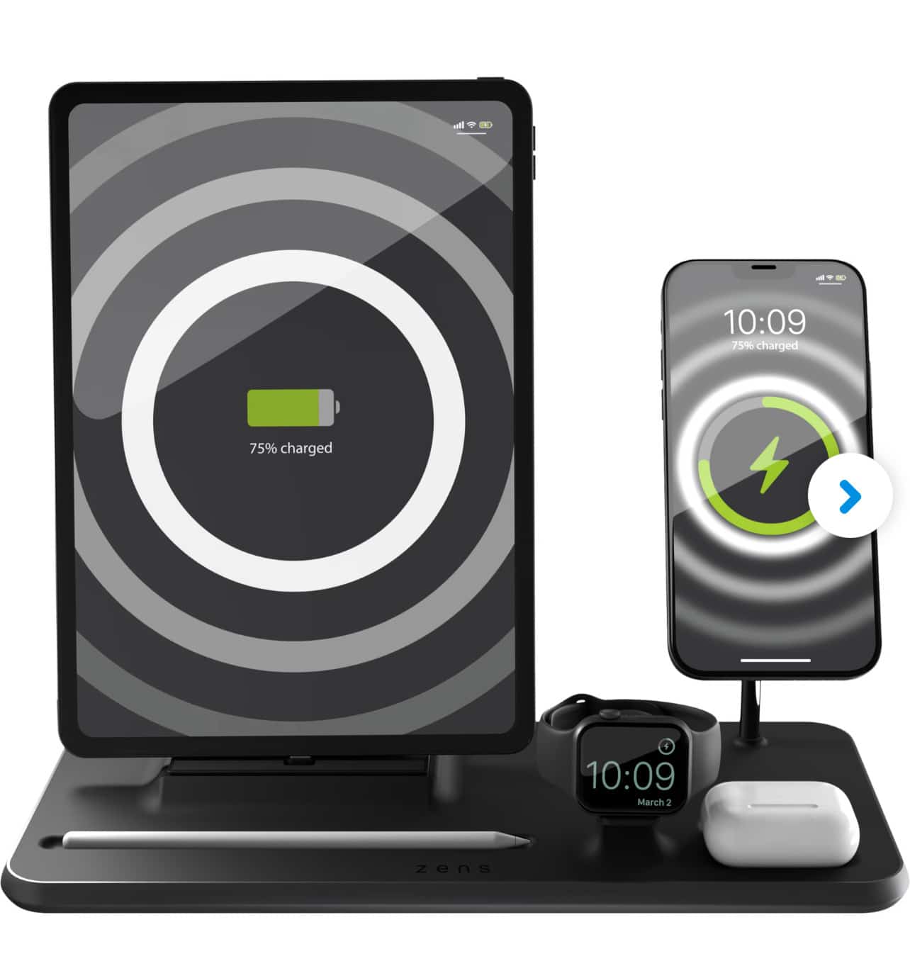 Zens 5-in-1 MagSafe Kabelloses Ladegerät 15 W - mit Ständer und Watch Stand und iPad Dockingstation in Schwarz