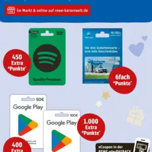 Rewe: Mehrfach Payback Punkte auf Geschenkkarten: Spotify, Aral & Google Play