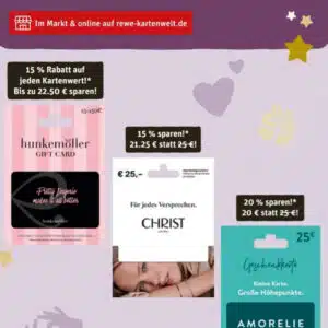 Rewe: Rabatte auf Geschenkkarten: 15% auf Hunkemöller & Christ, 20% auf Amorelie