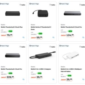 [Belkin USB-Hubs] 6-in-1 USB-C-Multiport-Hub mit Halter 35,94€ statt 46,26€ | Thunderbolt 3 Dock 65,94€ statt 82,88€ | Thunderbolt 3 Dock Plus 85,94€ statt 151,97€ | Pro Thunderbolt 4 Dock 235,94€ statt 285€