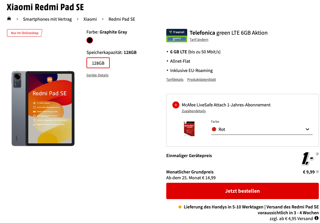 Xiaomi Redmi Pad SE (128GB) für 1€ + McAfee LiveSafe Attach  1-Jahres-Abonnement + 6GB LTE Allnet für 9,99€/Monat (Telefonica green LTE)