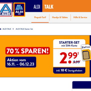 Prepaid: NUR bis zum 06.12.2023 Preis 2,99 Euro 🔥 (statt regulär €9,99) für 10 Euro Startguthaben — ALDI TALK Starter-Set