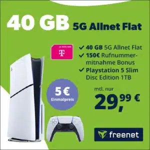 🤩 Sony Playstation 5 Slim (Disc Edition) inkl. Split Fiction für 5€ + 40GB 5G & LTE Telekom Allnet für 29,99€/Monat + 150€ Wechselbonus + 0,00€ AG (freenet Telekom green)
