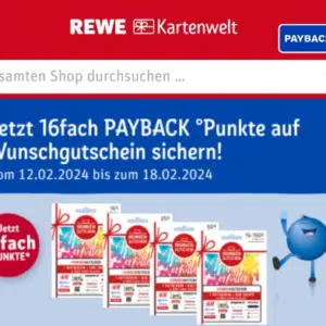 💥 8% Rabatt bei Amazon dank 16-fach Payback Punkte auf Wunschgutscheine bei REWE (12.02.24 - 18.02.24)