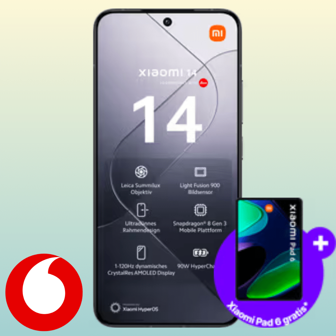 Eff. Ersparnis über 300€ 🔥 Xiaomi 14 (512GB) für 99,95€ + Gratis Xiaomi Pad 6 + 50GB 5G/LTE Allnet für 39,99€/Monat + 100€ Wechselbonus + GigaKombi &amp; Young Vorteil mgl. (Vodafone Smart S Spezial)