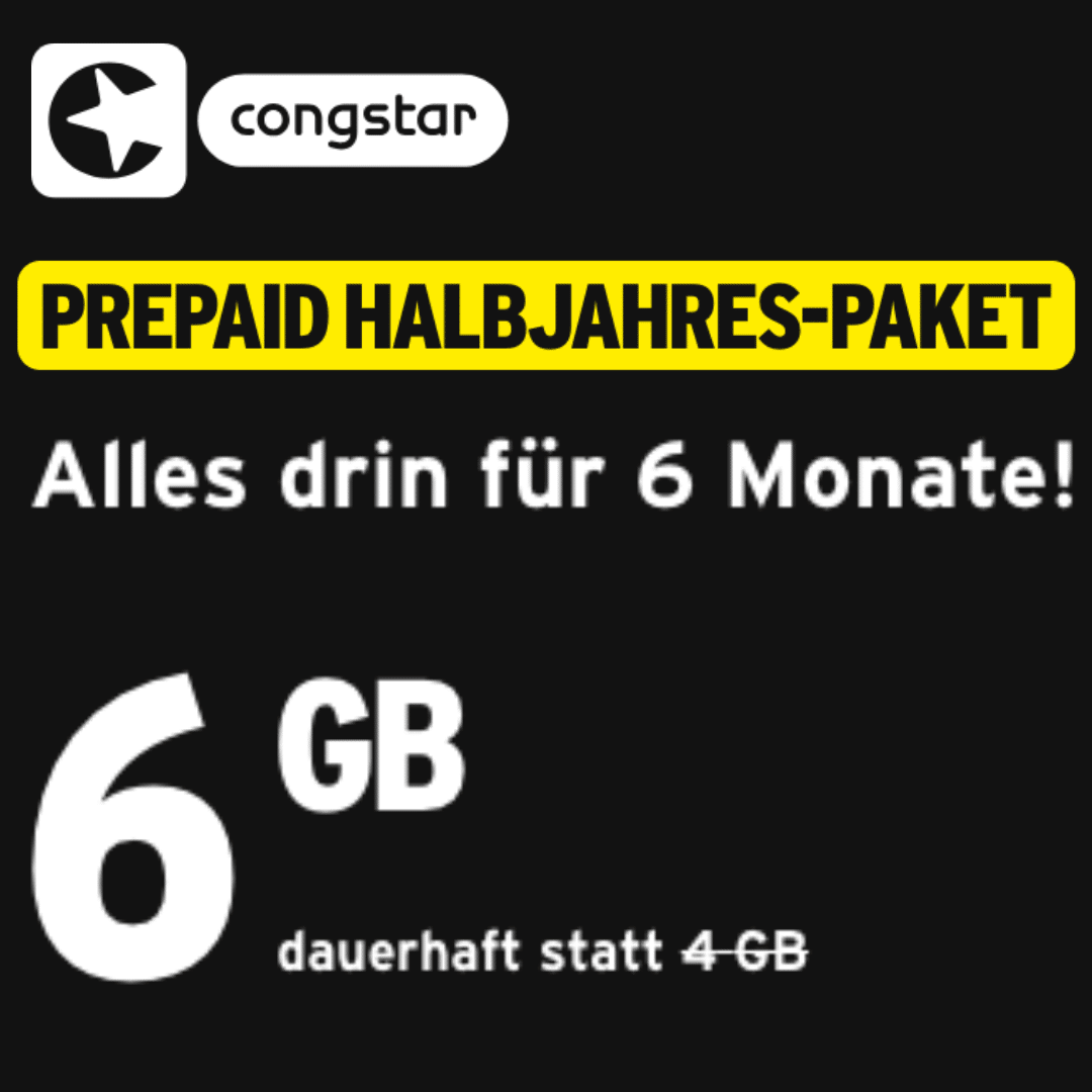 Thumbnail Congstar Prepaid Halbjahres-Paket für 6GB 5G/LTE Allnet für 50€/6 Monate + 35€ (statt 50€) Bereitstellungspreis + 50€ Startguthaben
