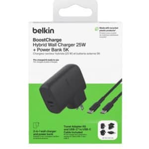 Belkin Hybrid-Ladegerät (25 W USB-C PD 3.0-PPS) | integrierte Powerbank 5K (20W) | Reisestecker-Set (US / EU / UK / AU) | inkl. 1m USB-C-/USB-C-Kabel | 49,50€ statt 59,49€