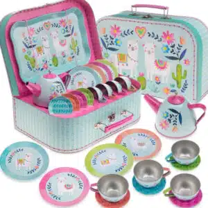 Jewelkeeper - Zinn Teeservice für Kinder &amp; Tragetasche, Kindergeschirr Spielküche, 15-teilig Set für 9,81€(statt 18,08€)