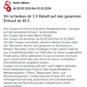 2 Euro Rabatt ab 40 Euro Einkauf in der Netto-App