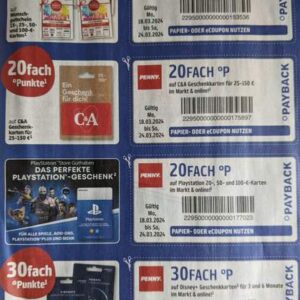 Penny/Payback: 30fach Punkte auf Disney, 20fach auf Playstation und C&A, im Markt und in der Penny Kartenwelt von MO 18.03. bis SO 24.03.2024