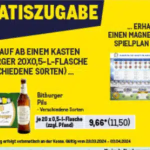 gratis magnetischer Spielplan zu 20x Bitburger (1 Kasten) Zugabe bei Metro