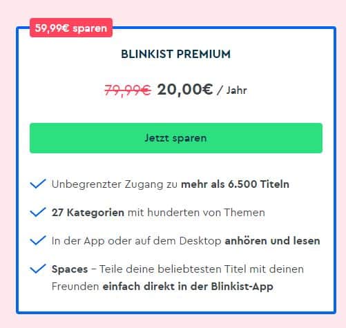 Blinkist Premium fuer 20€ pro Jahr statt 79,99€
