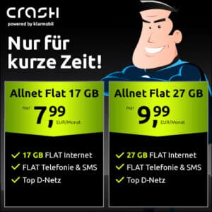 💥 17GB | 27GB LTE Vodafone Allnet für 7,99€ | 9,99€/Monat (Crash Allnet Flat)