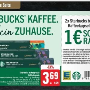 Edeka Nordbayern 2x Starbucks by Nespresso Kaffeekapseln kaufen und 1 € Sofortrabatt erhalten