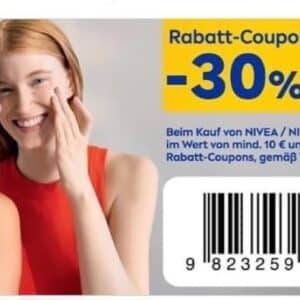 30% Rabatt auf Nivea Produkte, beim Kauf von Ware ab 10 Euro