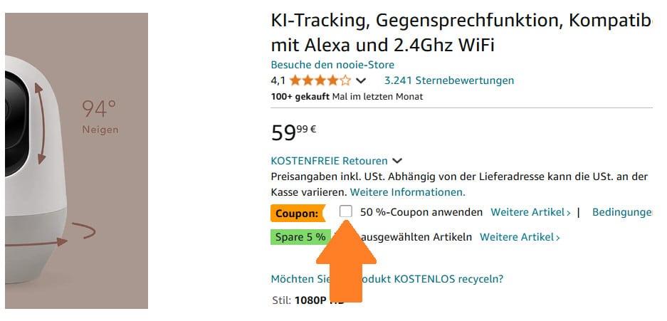 50% Rabattcoupon aktivieren - Pfeil zeigt darauf