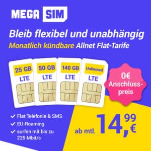 📲 25GB / 50GB / 140GB LTE Allnet für 14,99€ / 19,99€ / 24,99€ (oder Unlimited für 26,99€) - Mega SIM mit bis zu 225 Mbit/s