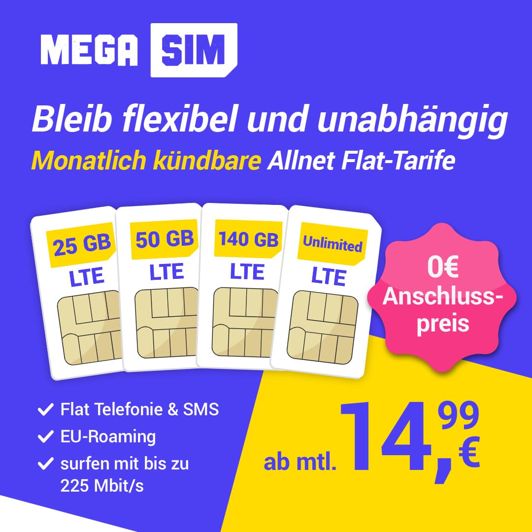 Thumbnail 📲 25GB / 50GB / 140GB LTE Allnet für 14,99€ / 19,99€ / 24,99€ (oder Unlimited für 26,99€) - Mega SIM mit bis zu 225 Mbit/s