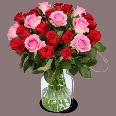 Strauß in einer Vase mit 18 rot pinlen Rosen