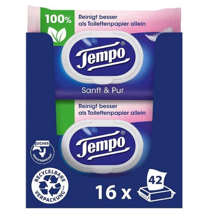 Thumbnail 🍃 Tempo Feuchte Toilettentücher Sanft & Pur 16 Packungen mit 42 Tüchern für 18,58€ (statt 26€)